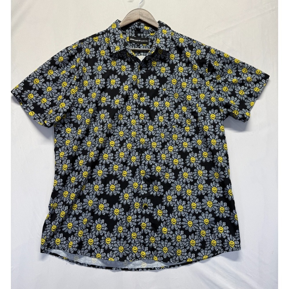 Molokai Surf Co. Shirt Mens XL Black Yellow Melting Smiley Face Print Button Up